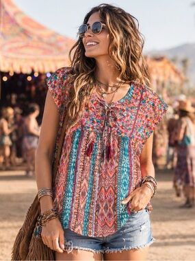 Savanna Jane Multicolor Floral & Aztec Embroidered Cap Sleeve Tunic Size M NWT